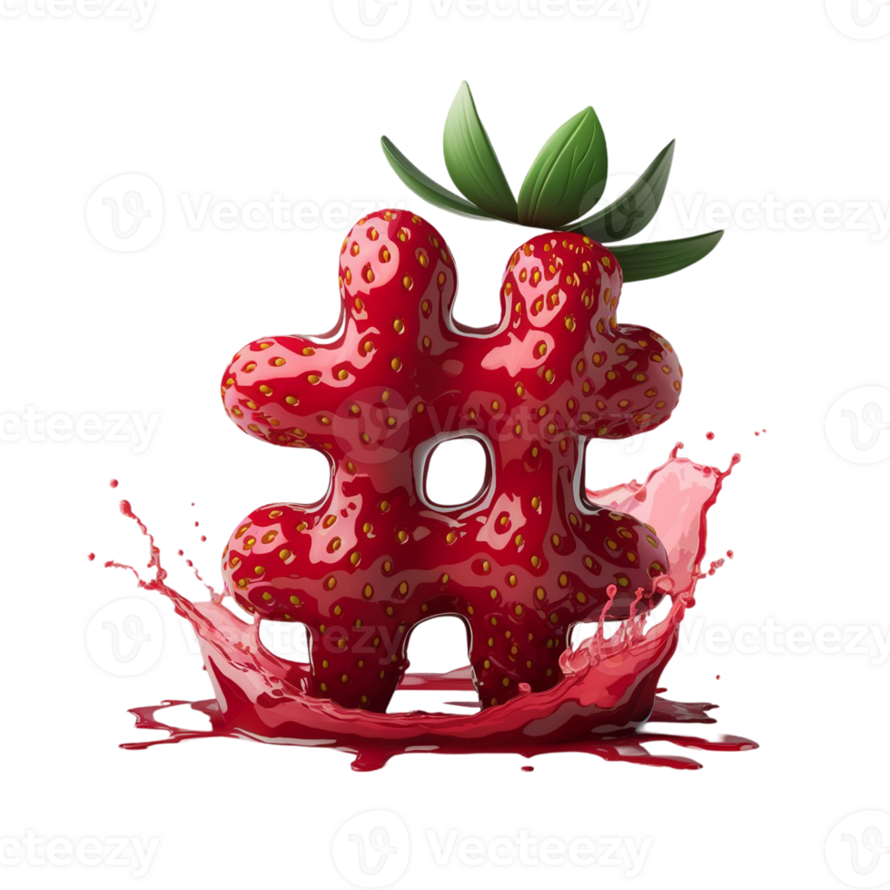 A hashtag symbol is creatively designed to resemble a glossy red strawberry, complete with seeds and green leaves on top. cutouts png