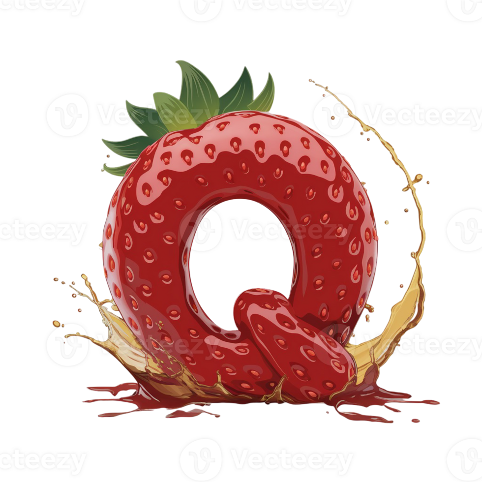 A red letter q is designed to resemble a strawberry with green leaves on top, accompanied by a splash cutouts png