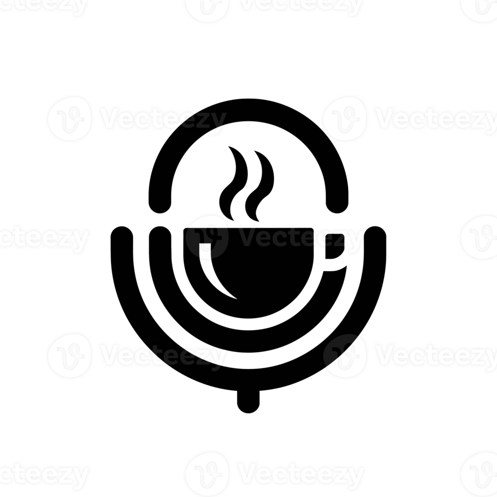 A stylized black icon combines a coffee cup with steam above it, merged with the shape of a classic microphone cutouts png