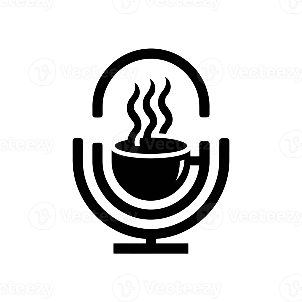 A stylized black graphic features a coffee cup with steam rising, surrounded by a microphone shape cutouts png