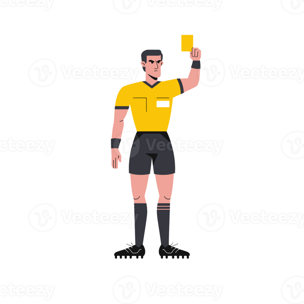 A cartoon referee in a yellow shirt and black shorts holds up a yellow card, signifying a caution in a sports matc cutouts png