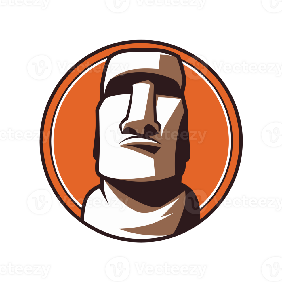 A stylized depiction of a Moai statue is centered within an orange circle, showcasing its distinct, angular features cutouts png
