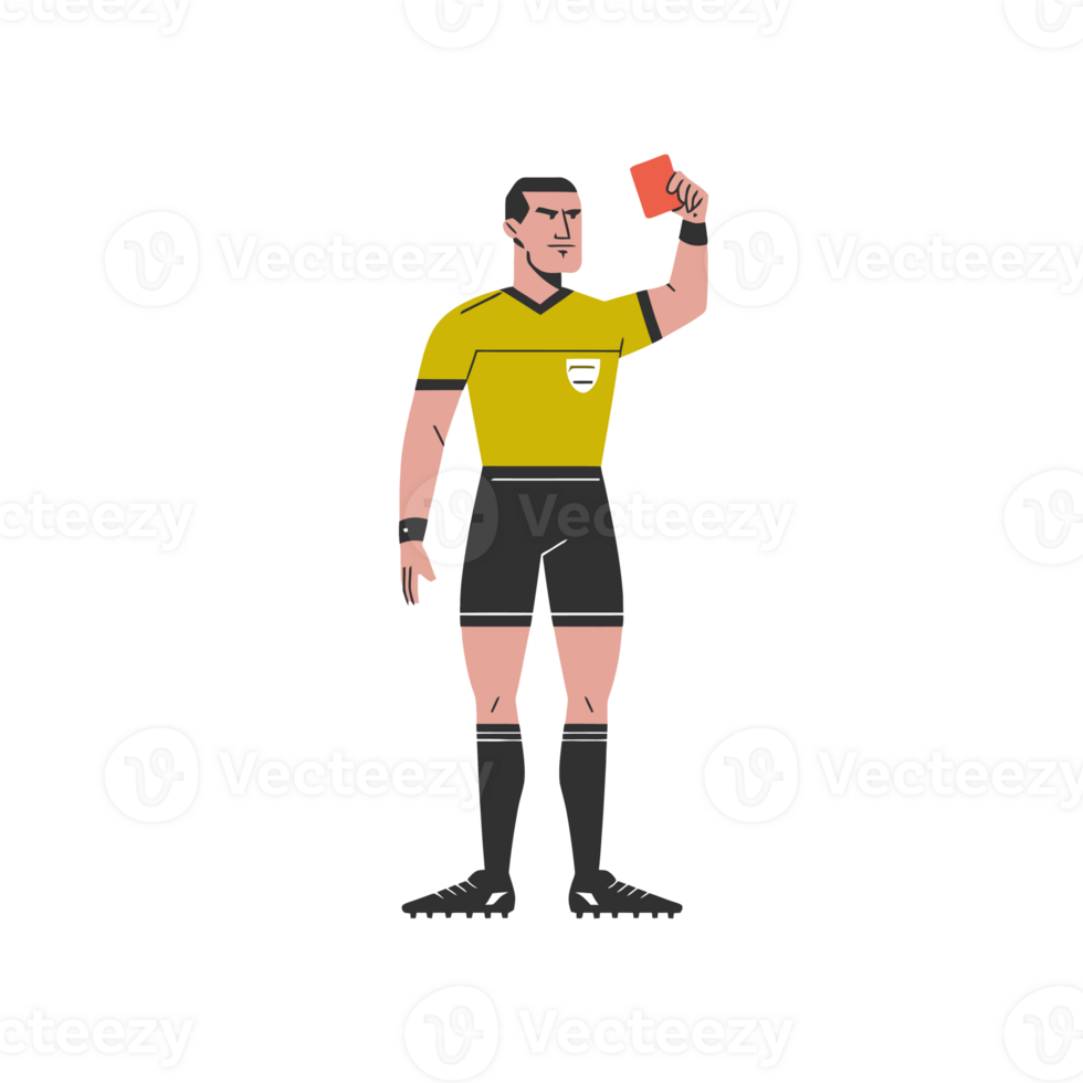 A soccer referee in a yellow jersey and black shorts holds up a red card, indicating a penalty. cutouts png