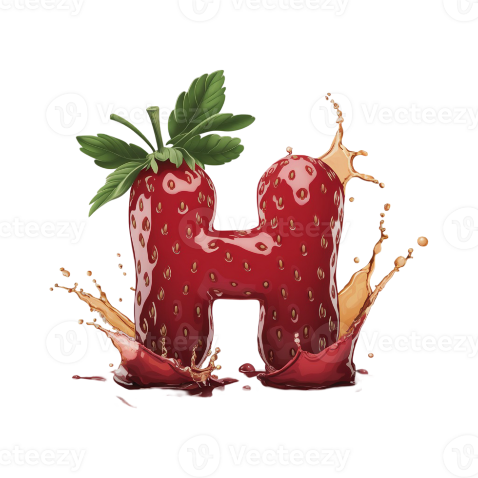 A red letter h is designed to resemble a strawberry with green leaves on top, accompanied by a splash cutouts png