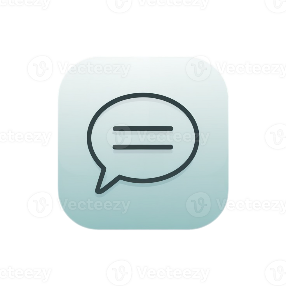A speech bubble icon with two horizontal lines inside is displayed against a light gradient background, cutouts png
