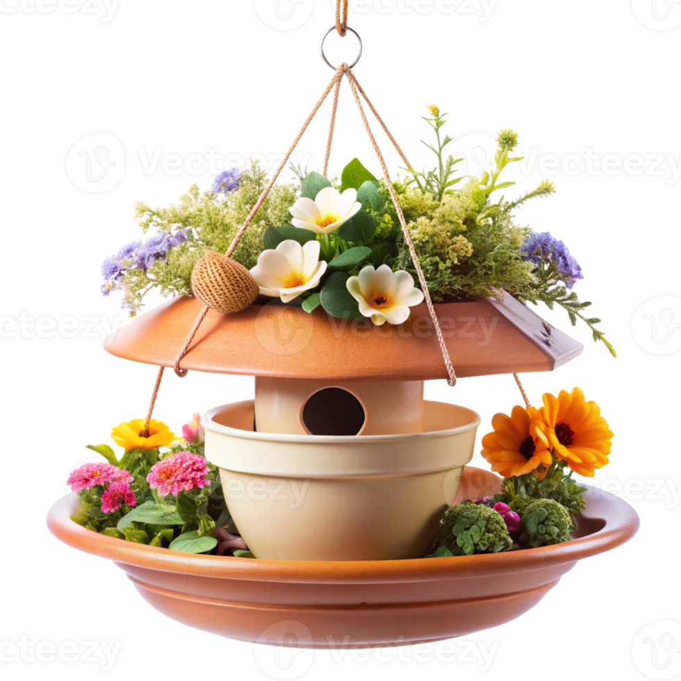 flower plant in the pot with the bird house is isolated on transparent background png
