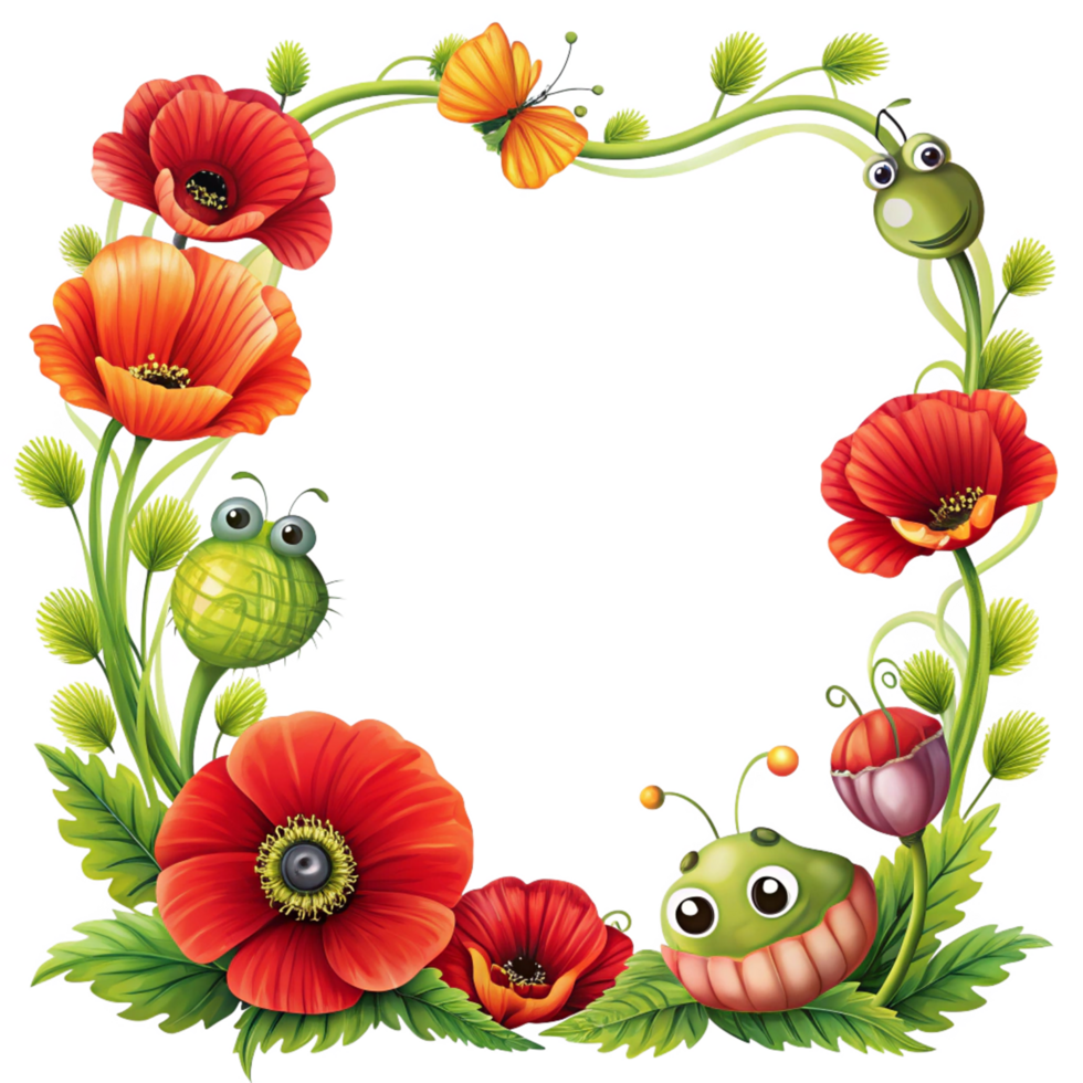 cartoon style playful flowers border with square frame is isolated on transparent background png