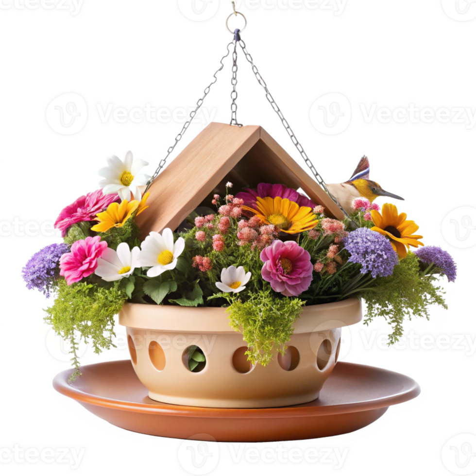 whimsical flower plant in the shape of bird house pot is isolated on transparent background png