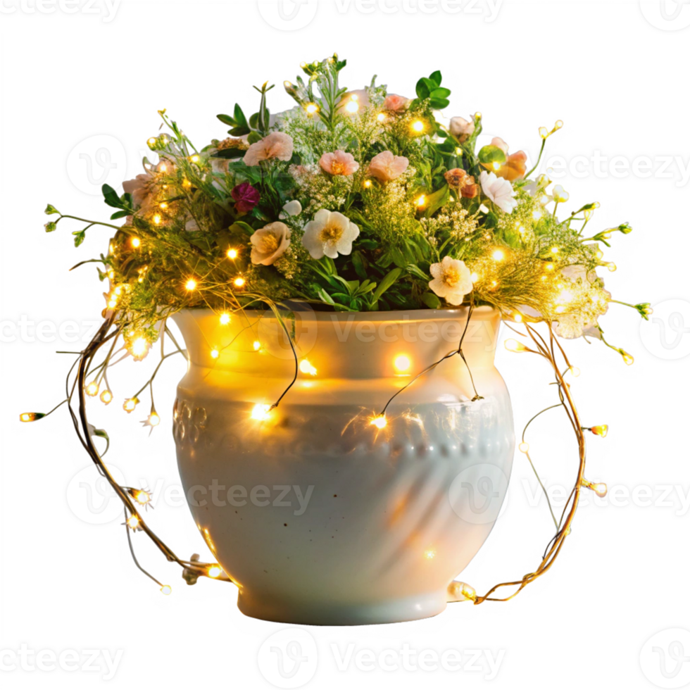 whimsical flower plant in the pot with fairy lights is isolated on transparent background png