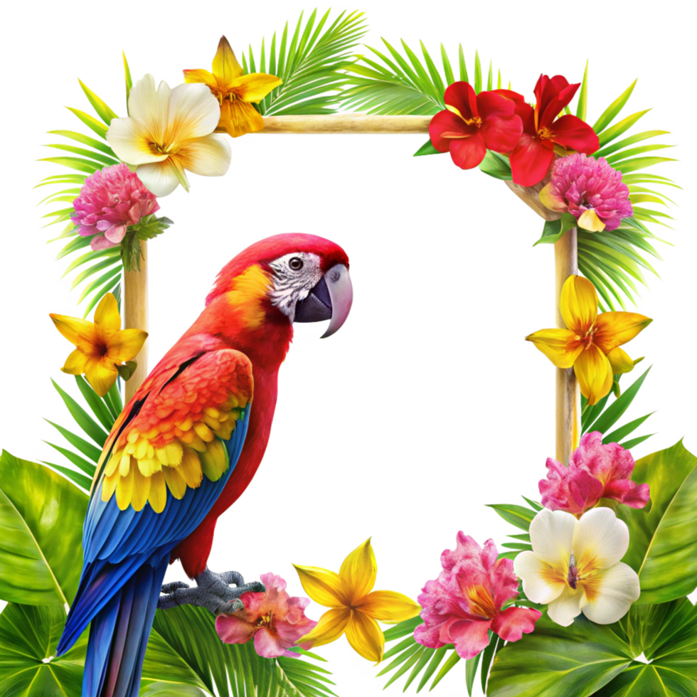 cartoon style border with square frame and parrot is isolated on transparent background png