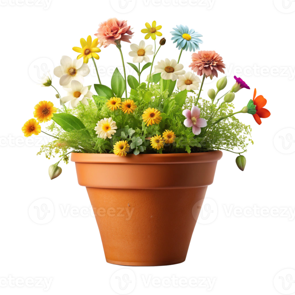 whimsical small flower plant in the pot is isolated on transparent background png