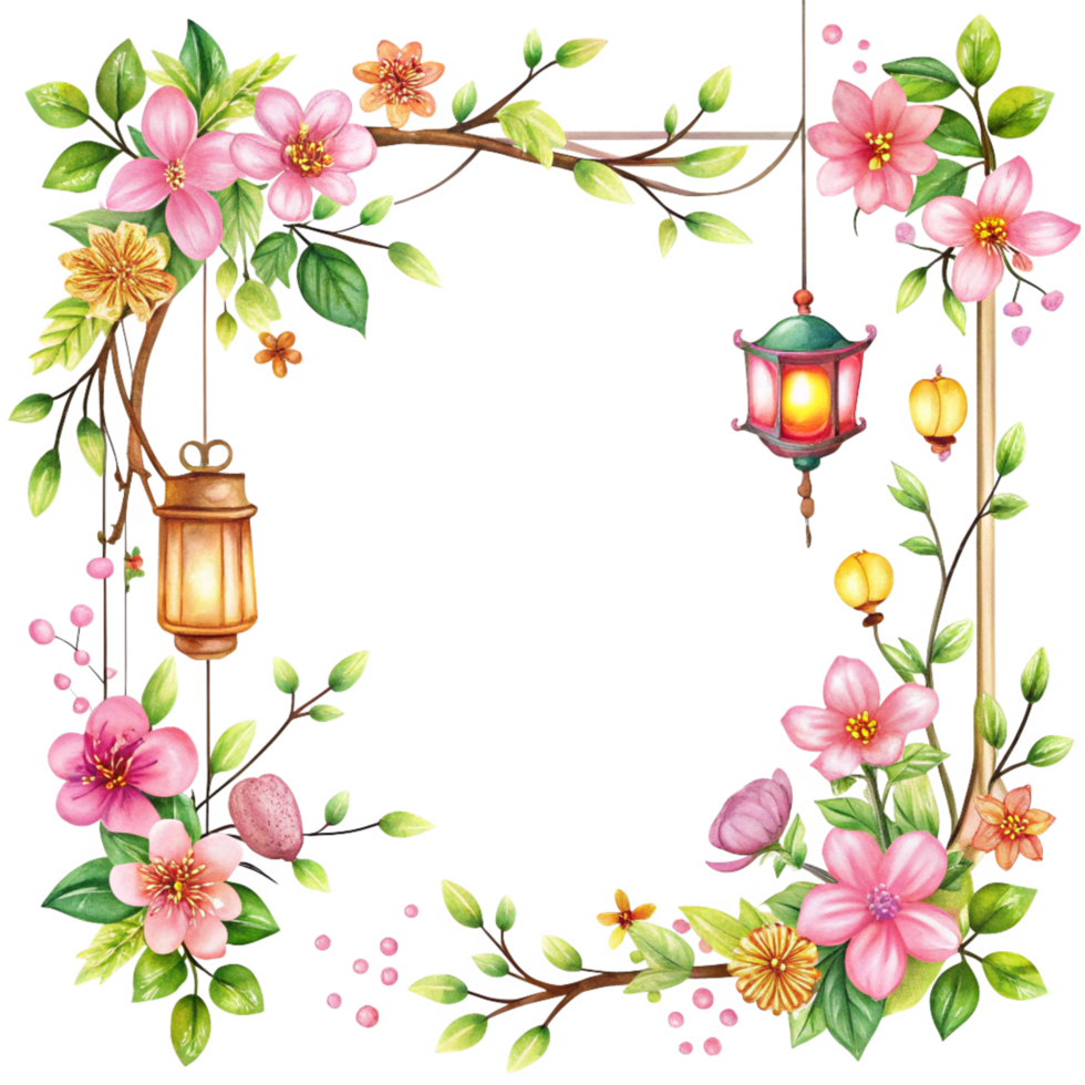 cartoon style flowers festive border with square frame is isolated on transparent background png