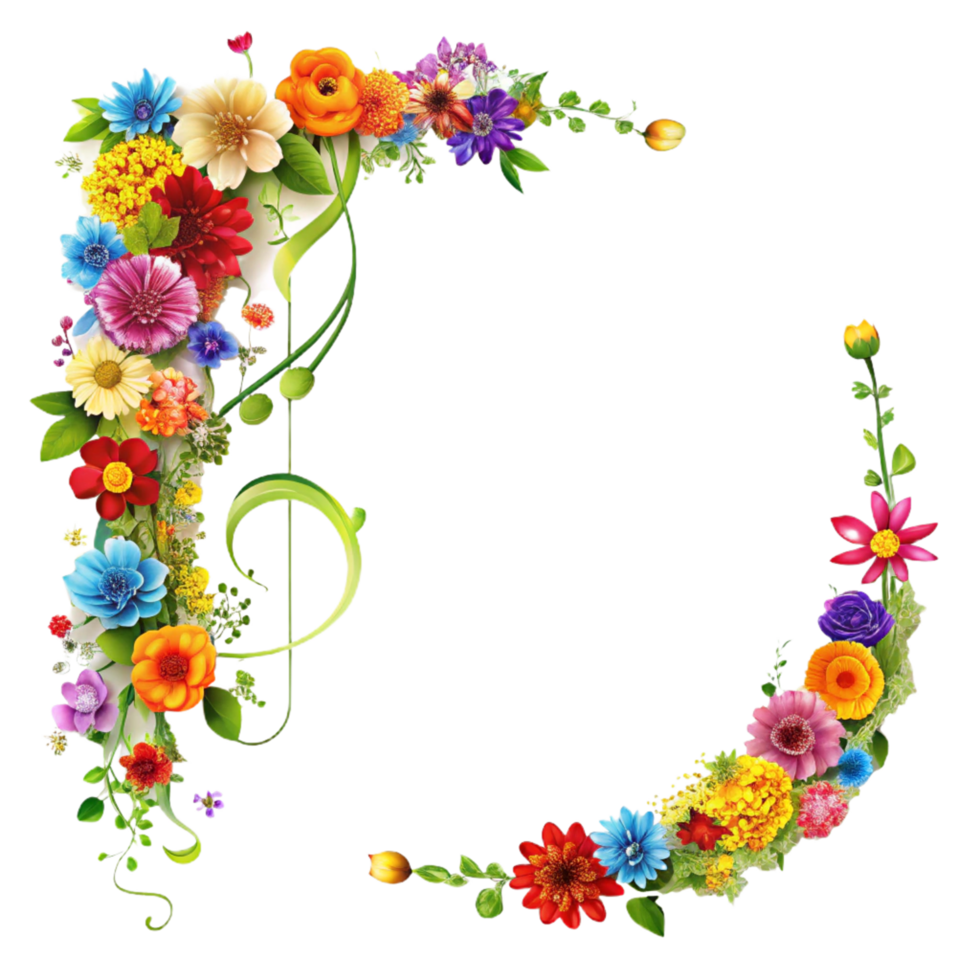 cartoon style flowers border with square frame is isolated on transparent background png