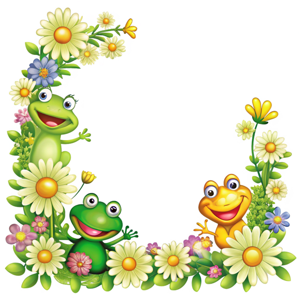 cartoon style flowers border with square frame and frogs is isolated on transparent background png
