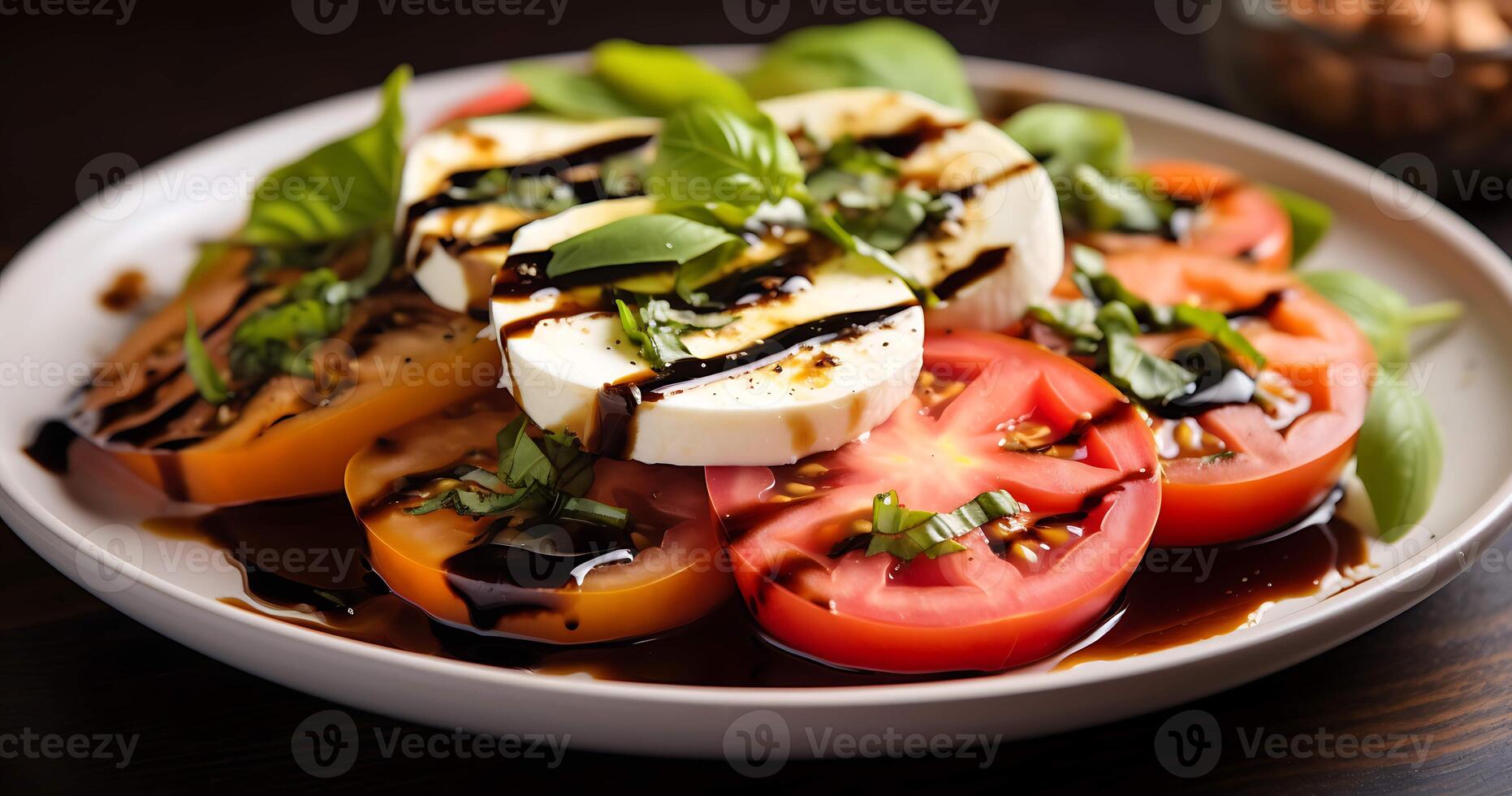 A plate of tomatoes, mozzarella and basil photo
