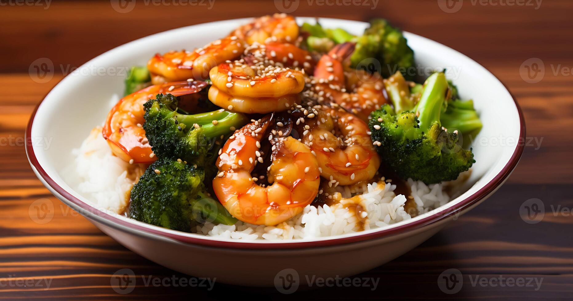 A bowl of rice with shrimp and broccoli photo