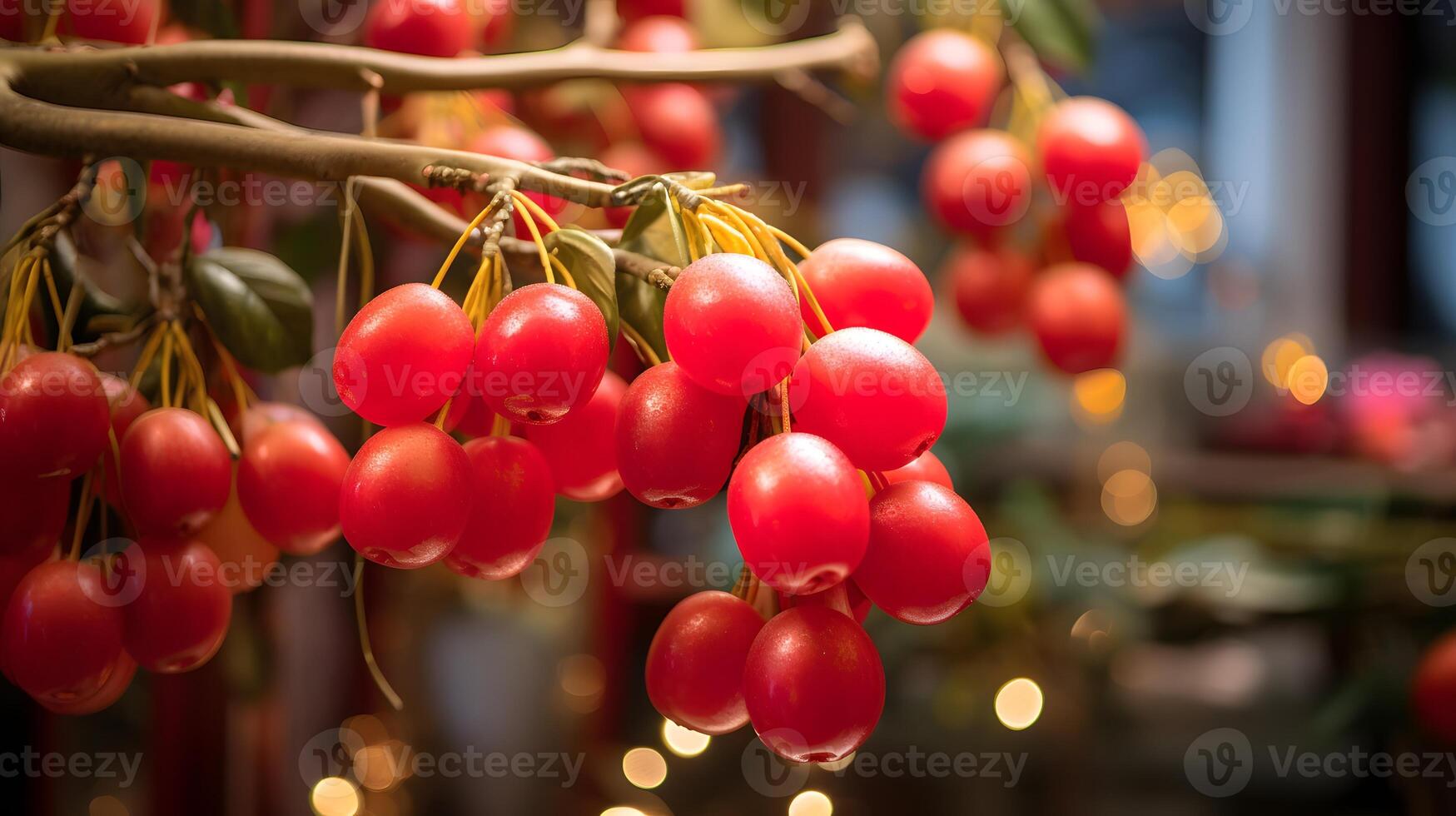 Red berries on a branch in front of a light photo