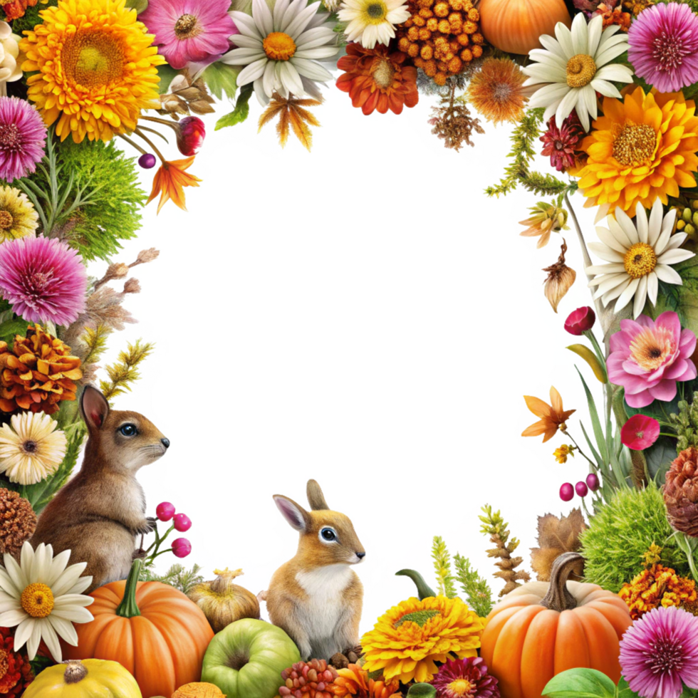 cartoon style flowers and mixture of animals border with square frame is isolated on transparent background png