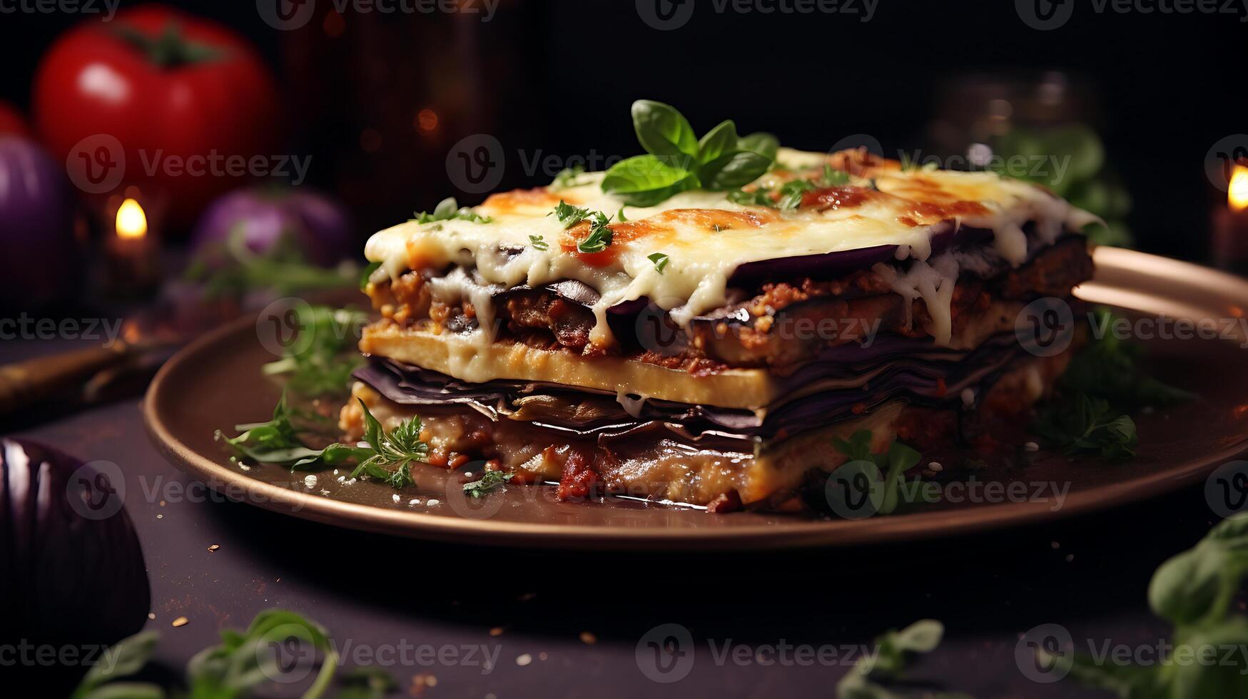 A plate of lasagna with cheese and vegetables photo