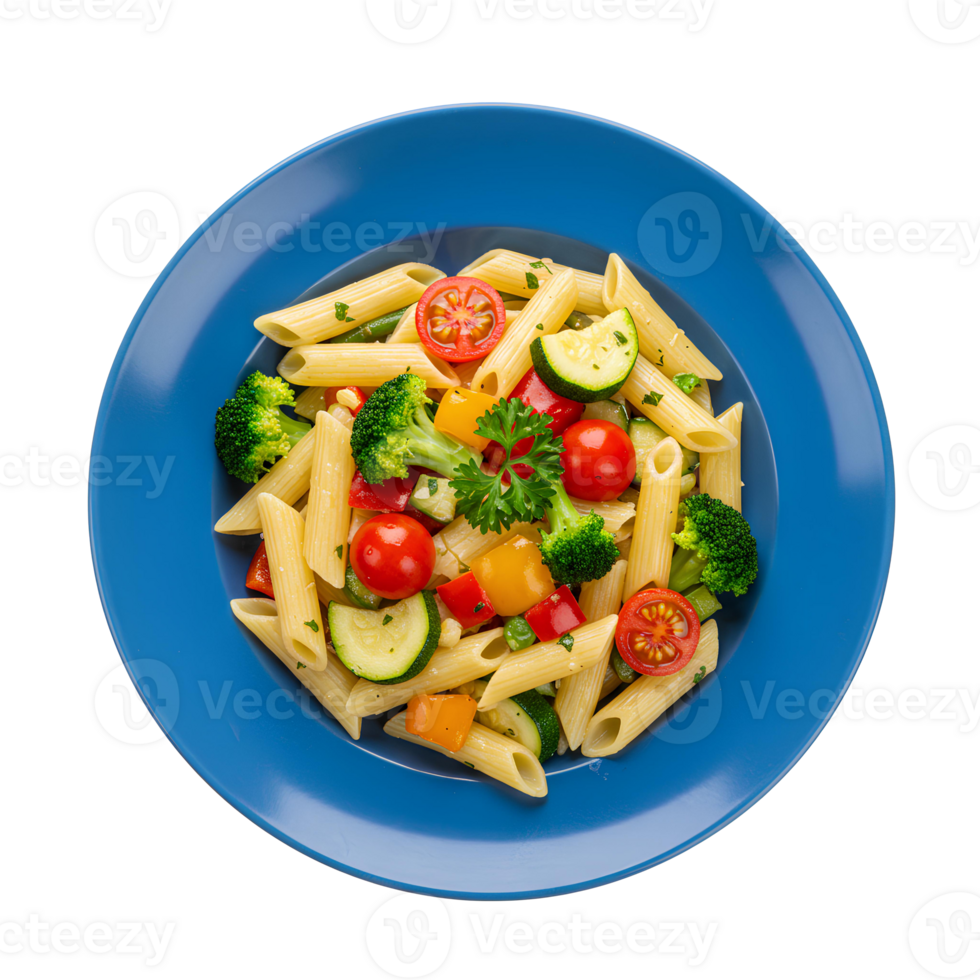 Tasty pasta primavera dish with fresh vegetables in a blue plate, top view . A colorful and healthy meal perfect for vegetarian and plant-based food lovers png