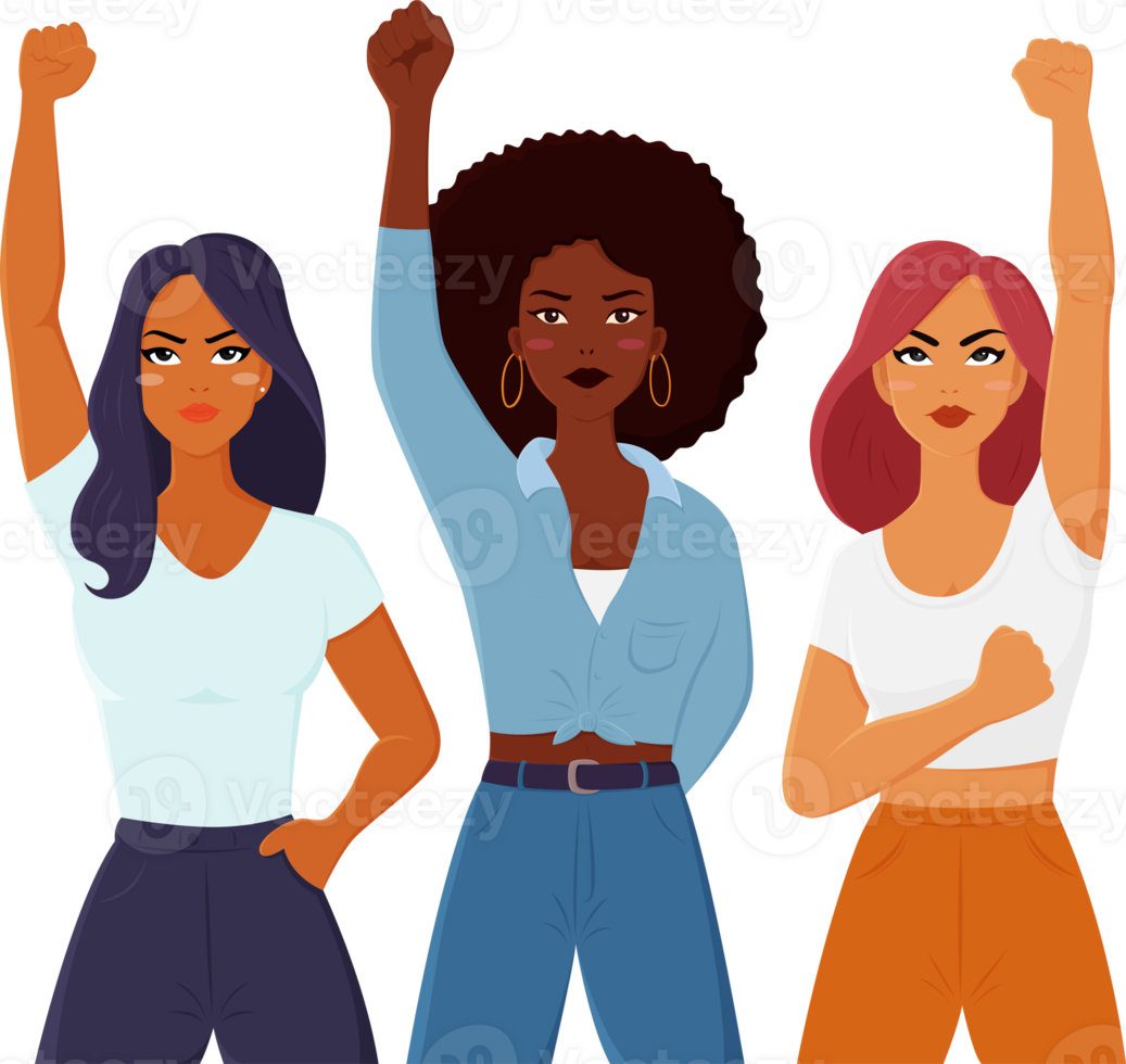 more female character makes a fist-raising gesture show the power and rights women for international women's day. cartoon character illustration design png