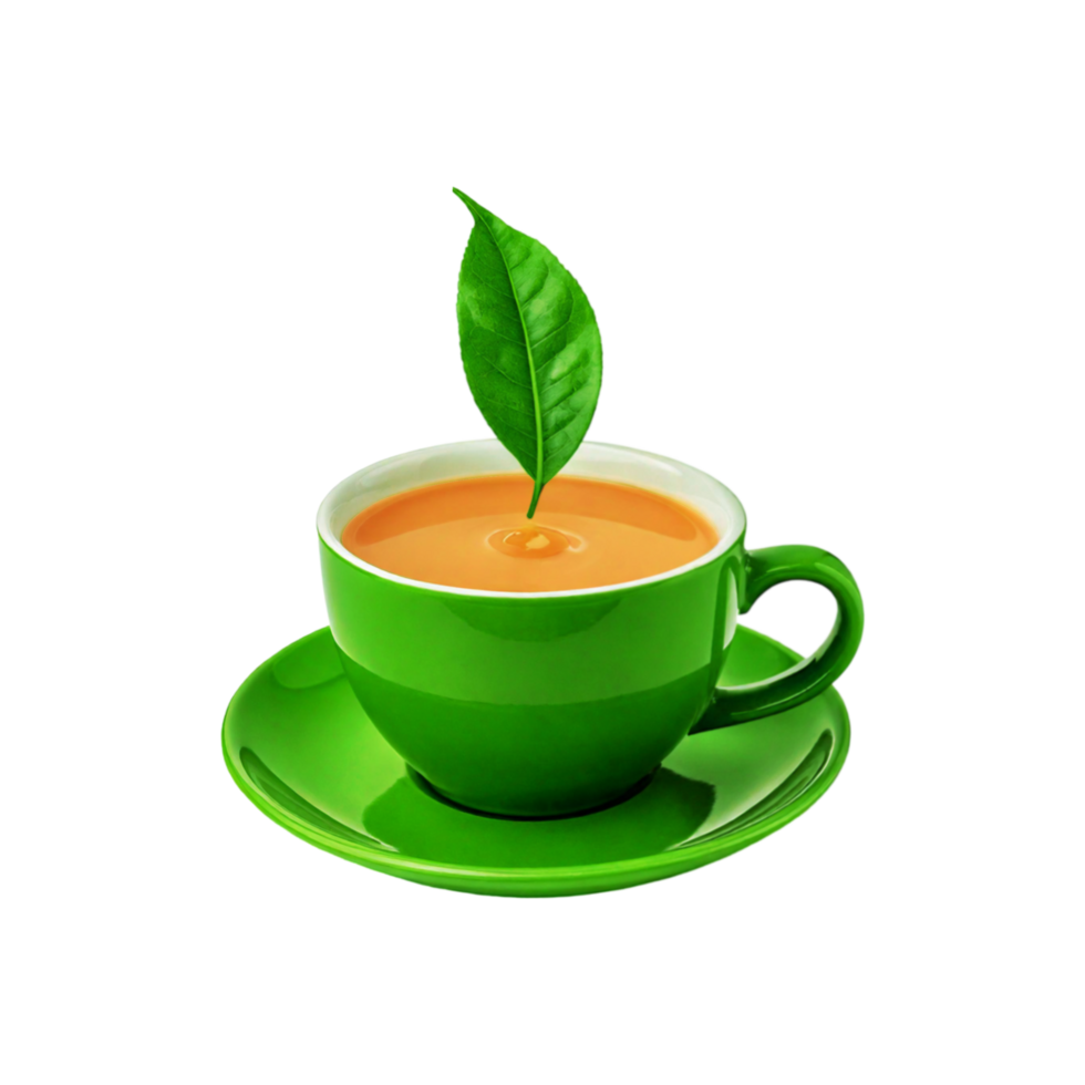 Green cup and plate of milk tea with tea leaf isolated on transparent background png