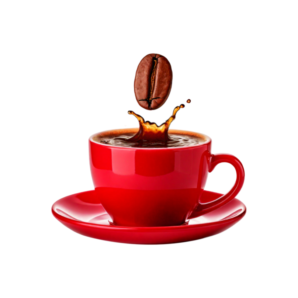 Red cup and plate of coffee with coffee seed fallen in it isolated on transparent background png