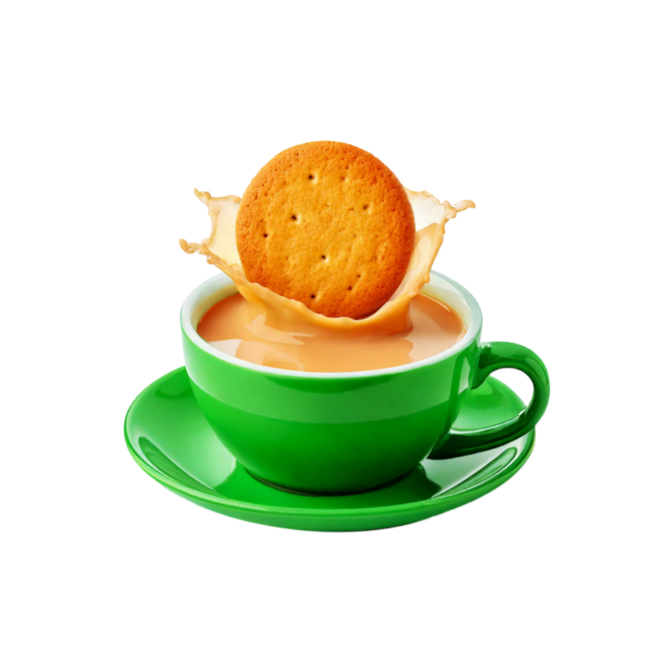 Green cup and plate of milk tea splash with salted biscuit isolated on transparent background png