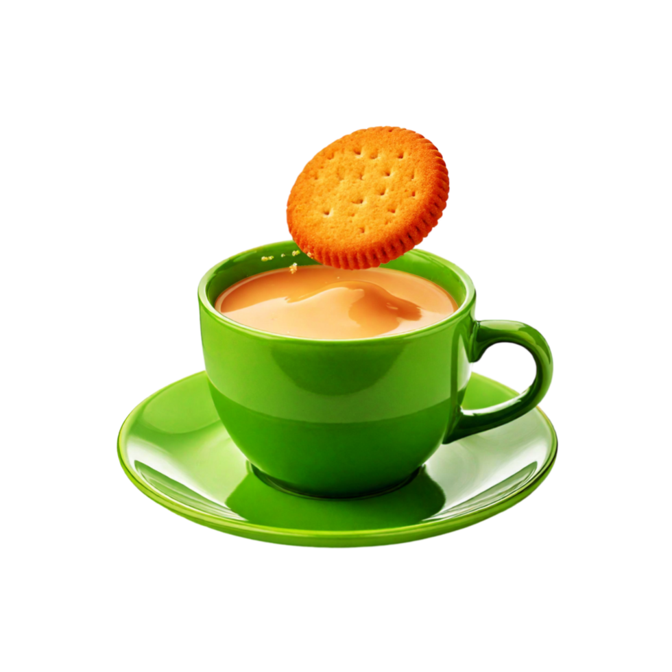 Green cup and plate of milk tea with salted biscuit isolated on transparent background png
