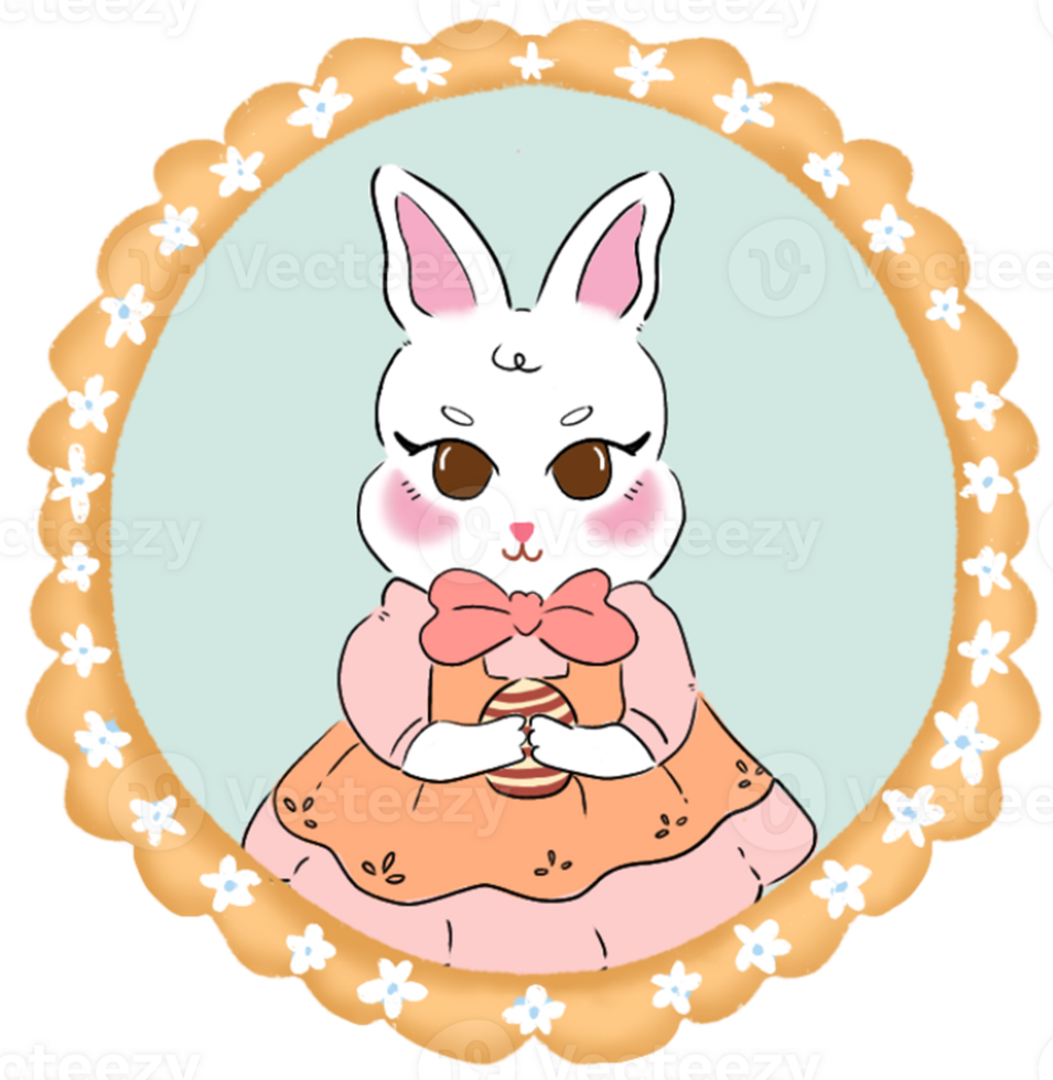 Sweet Easter Bunny in Yellow Circle Frame - Playful Pink Outfit Rabbit with Festive Egg Decorations png