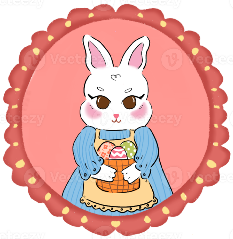 Adorable Easter Bunny in Pink Circle Frame - Cute Blue Outfit Rabbit with Festive Egg Theme png