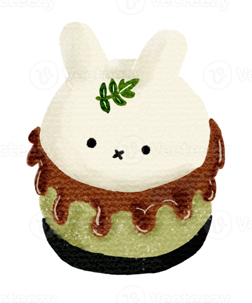 Sweet matcha cheesecake with soft texture, cute bunny-shaped cream, rich green tea flavor, and smooth surface. Perfect for lovers of Korean-inspired desserts and sweets. Ideal for use in food blogs png