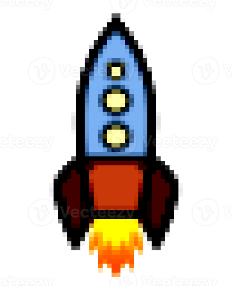 Pixel art, isolated, a retro rocket ship travelling into space. png