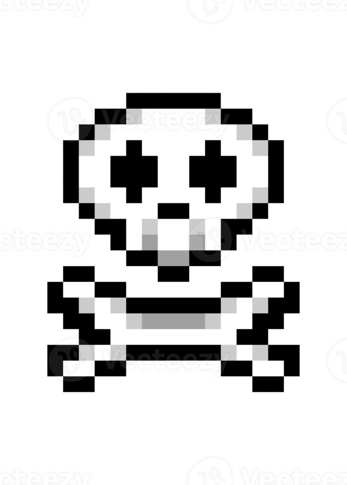 An isolated skull with two crossed bones pirates flag, drawn in pixel art style. Vertical orientation. png