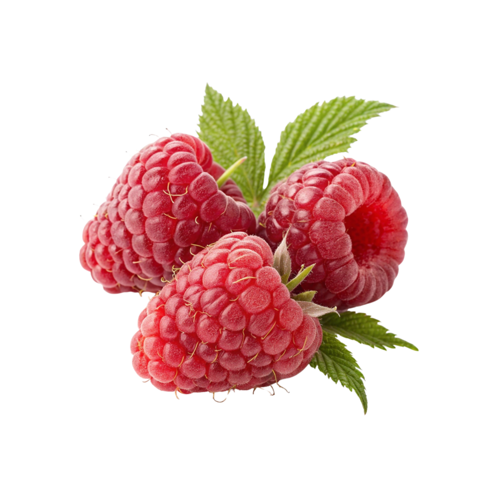 Fresh Raspberries Transparent Juicy Red Berry with Leaves Isolated png