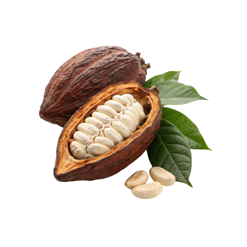 Raw Cocoa Pod with Fresh Cacao Beans and Green Leaves Transparent Background png
