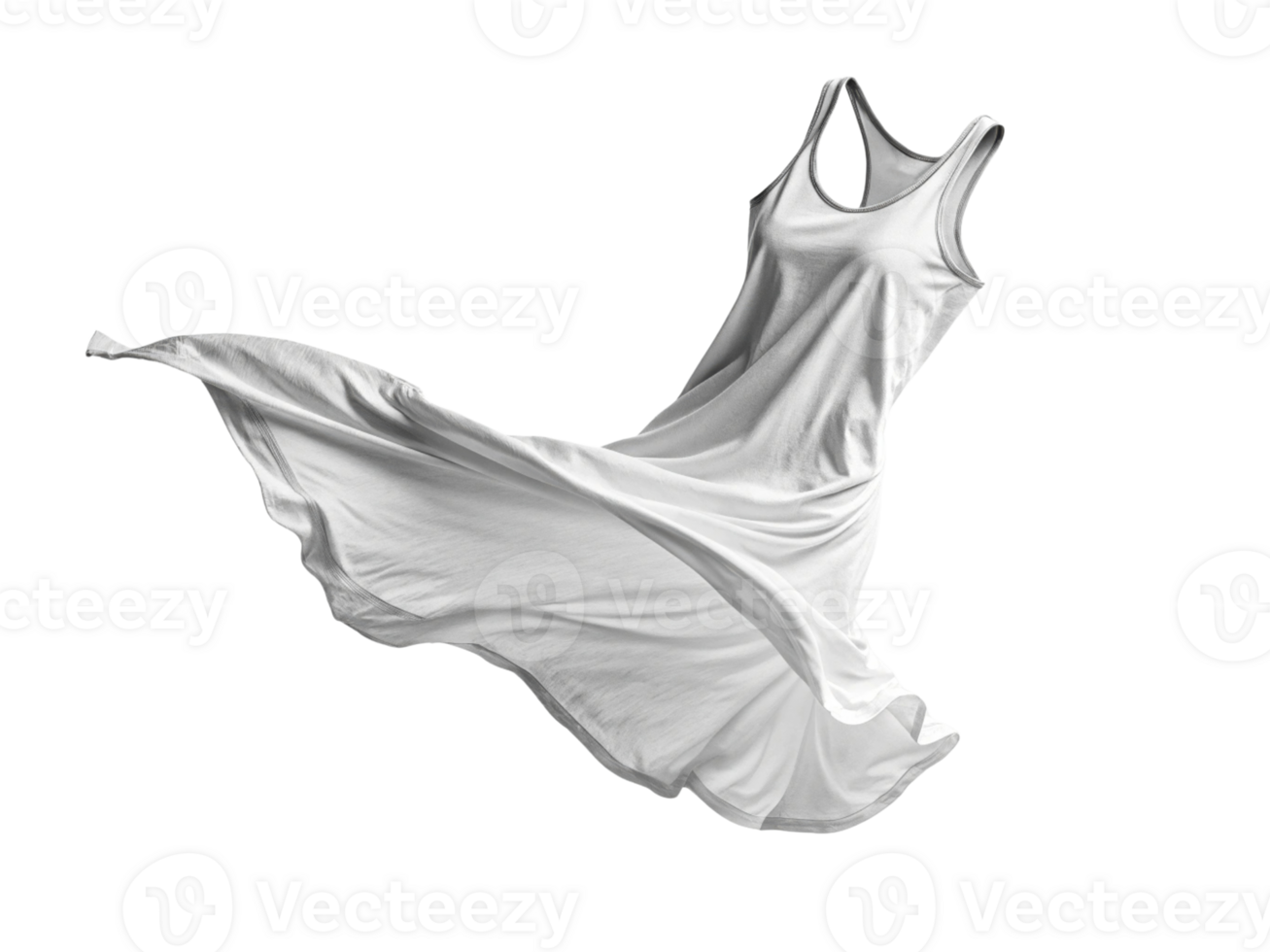 flowing white dress gracefully sways in air, showcasing its lightweight fabric and elegant design, perfect for summer wear png
