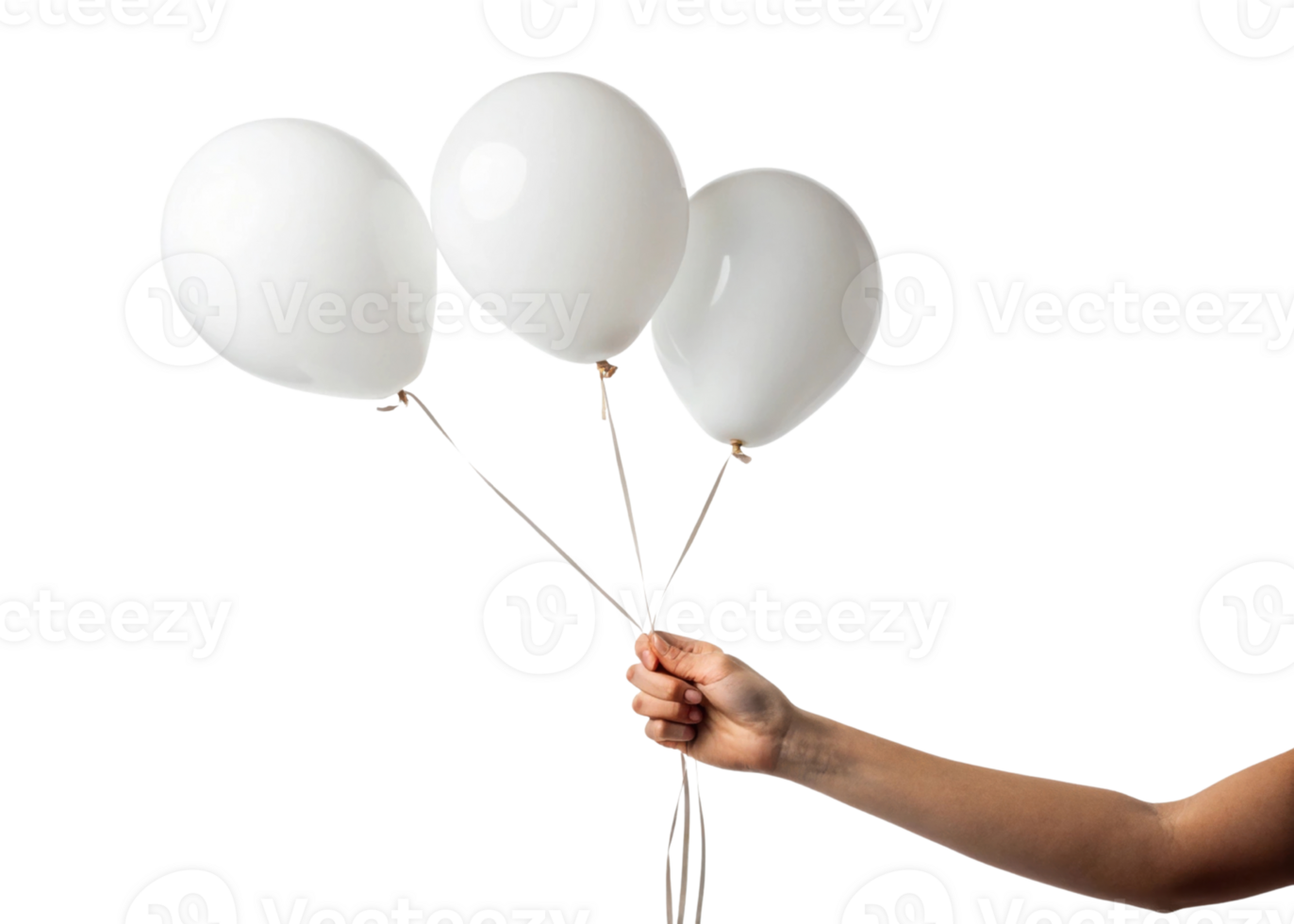 hand holds three white balloons, symbolizing celebration and joy. balloons are tied with strings, creating festive atmosphere png