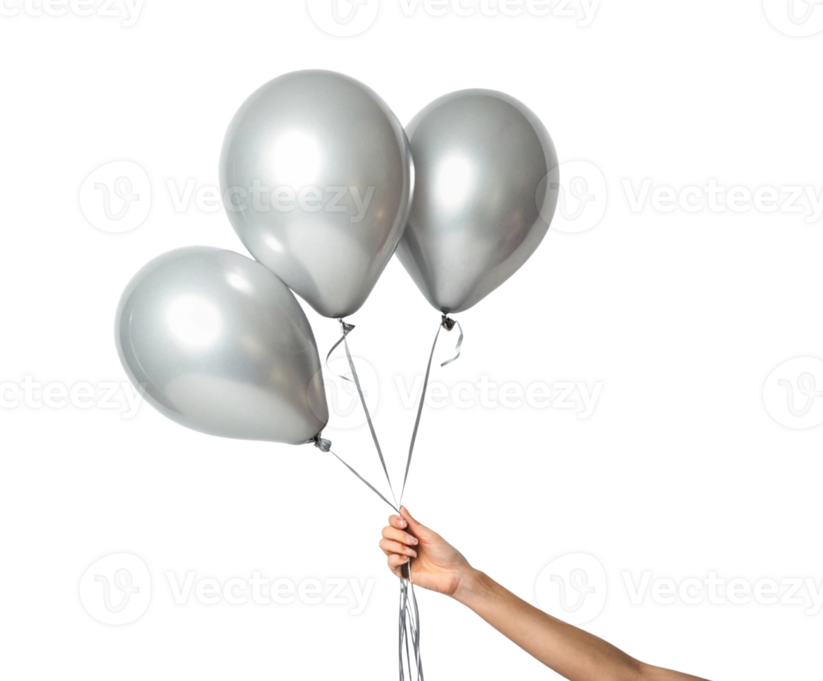 Silver balloons held by hand create festive atmosphere, perfect for celebrations and events png