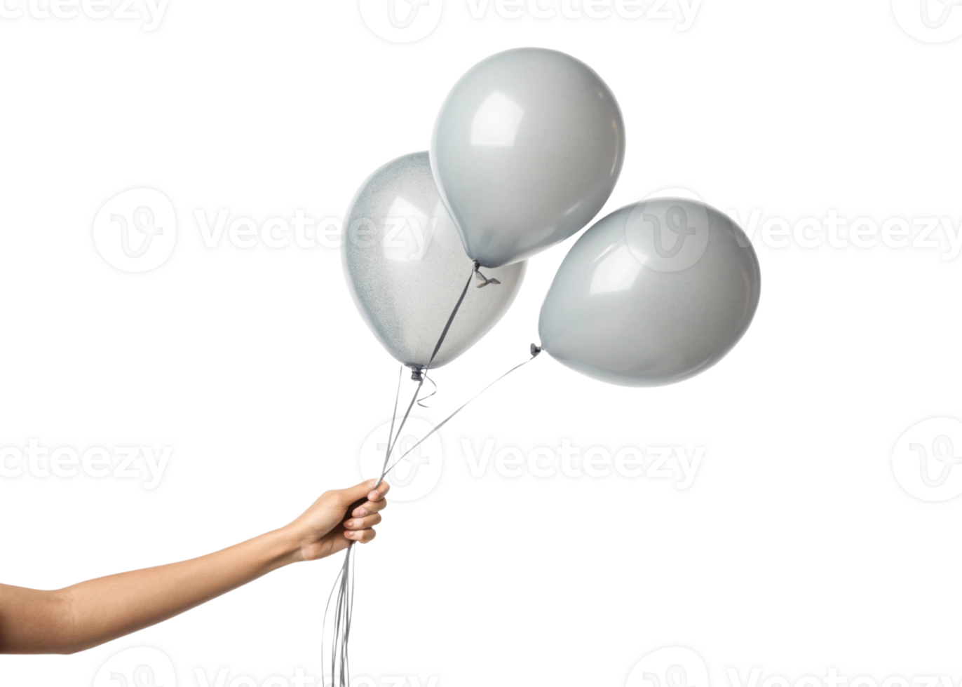 hand holding three shiny gray balloons, symbolizing celebration and joy, perfect for festive occasions png