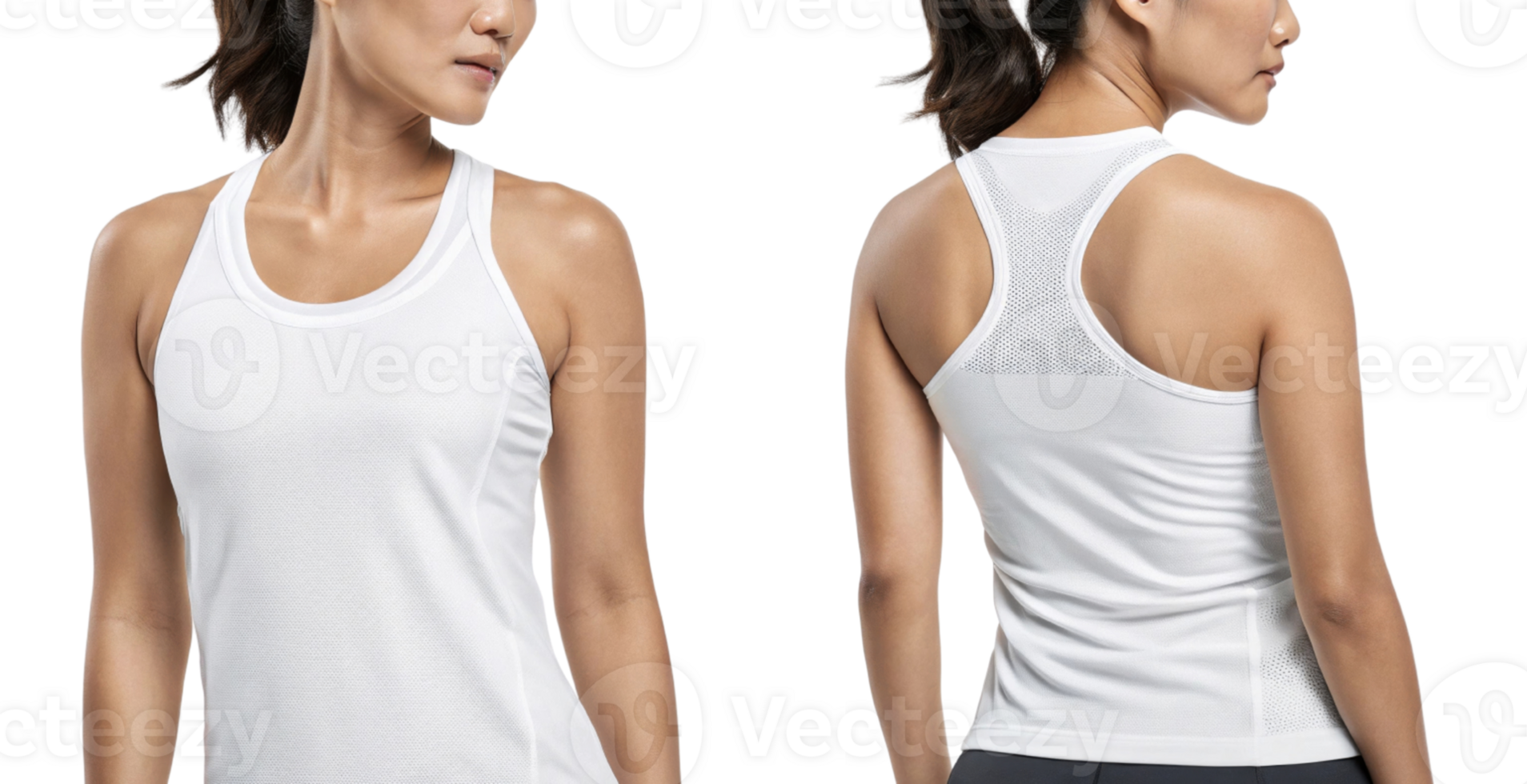This features woman wearing white athletic tank top, showcasing both front and back views. top is designed for comfort and performance png