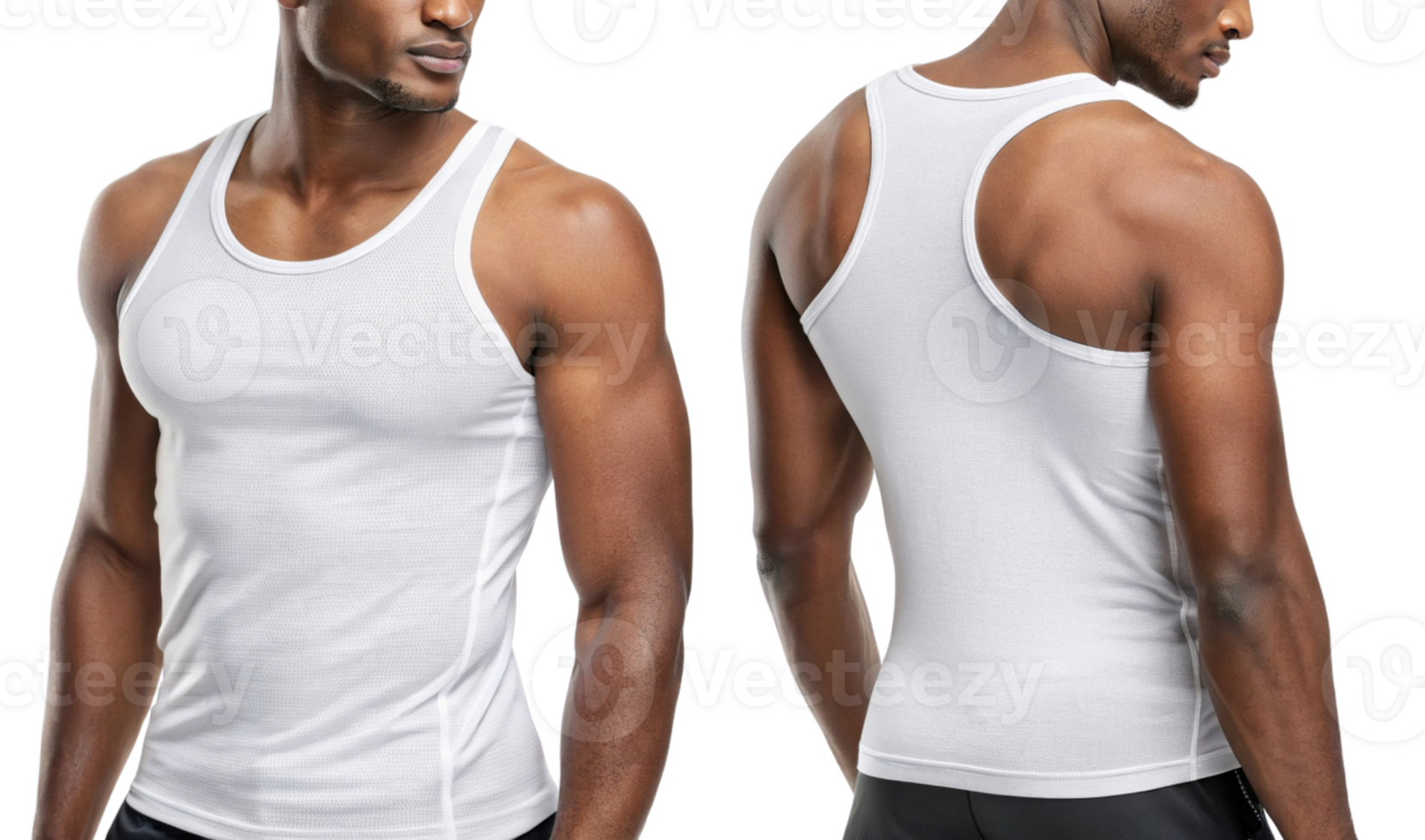 muscular man is wearing fitted white tank top, showcasing his physique from both front and back angles. tank top is simple yet stylish png