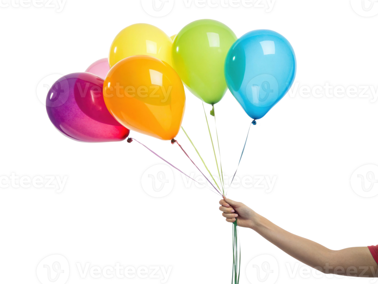 Colorful balloons in hand create festive atmosphere, perfect for celebrations and parties, evoking joy and excitement png