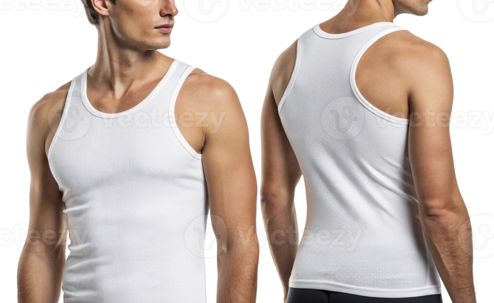 man is wearing white tank top, showcasing simple and classic design. tank top fits snugly, highlighting physique and providing casual look png