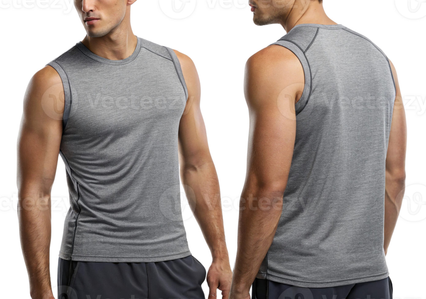 Athletic sleeveless shirt in gray, showcasing modern fit and comfortable fabric, ideal for workouts and casual wear png