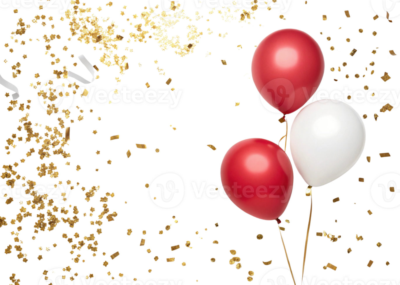 Celebratory balloons in red and white with golden confetti create festive atmosphere for any occasion png