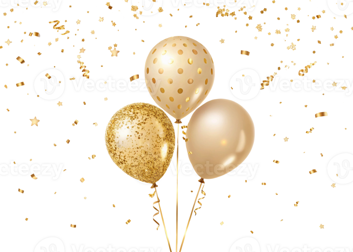 Celebrate with these elegant golden balloons, perfect for parties and special occasions, surrounded by festive confetti and stars png