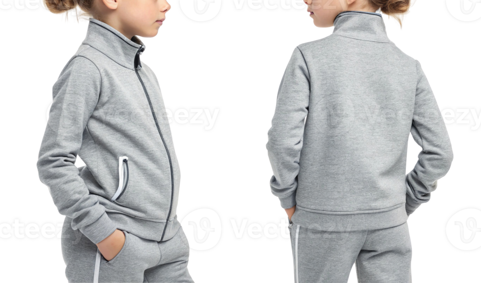 stylish gray tracksuit for kids, featuring zip up jacket and matching pants, perfect for active play and casual outings png