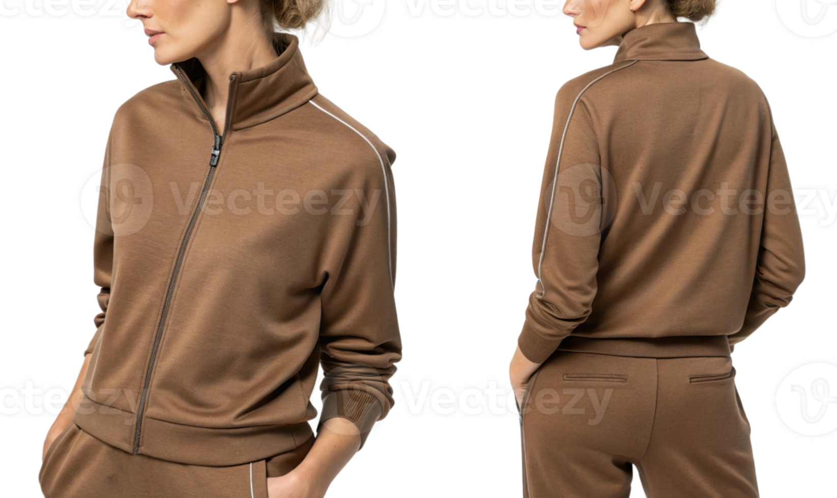 Stylish brown tracksuit featuring zip up jacket and matching pants, perfect for casual wear or workouts, exuding comfort and elegance png