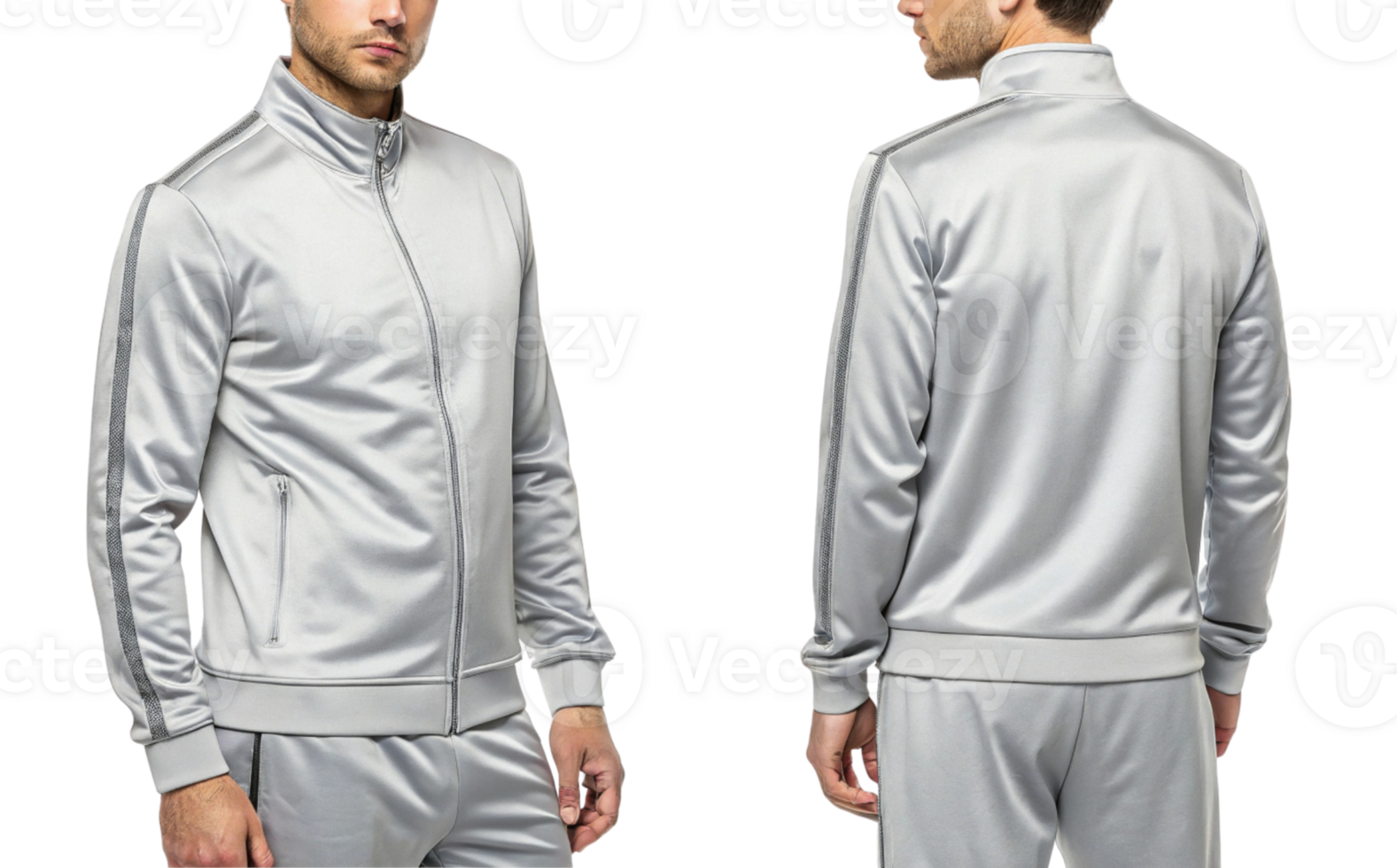 stylish silver athletic jacket designed for comfort and performance, featuring sleek zip up front and side pockets, perfect for workouts or casual png